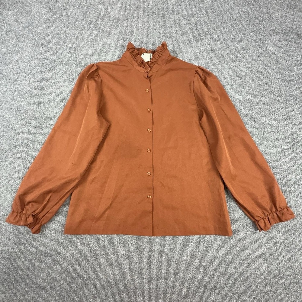 Vintage Anthony Richards Blouse Womens Large Brown Ruffle Mock Neck Top USA